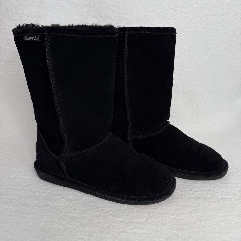 Bearpaw Women's Elle Short Winter Boots Black Size 9 Suede Sheepskin Wool Calf - Picture 1 of 12